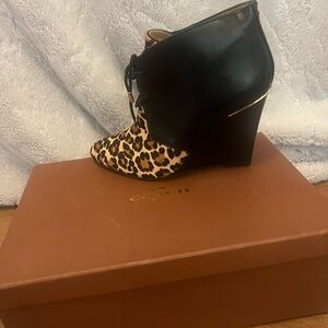 Coach Leopard Print and Black Wedge Booties
